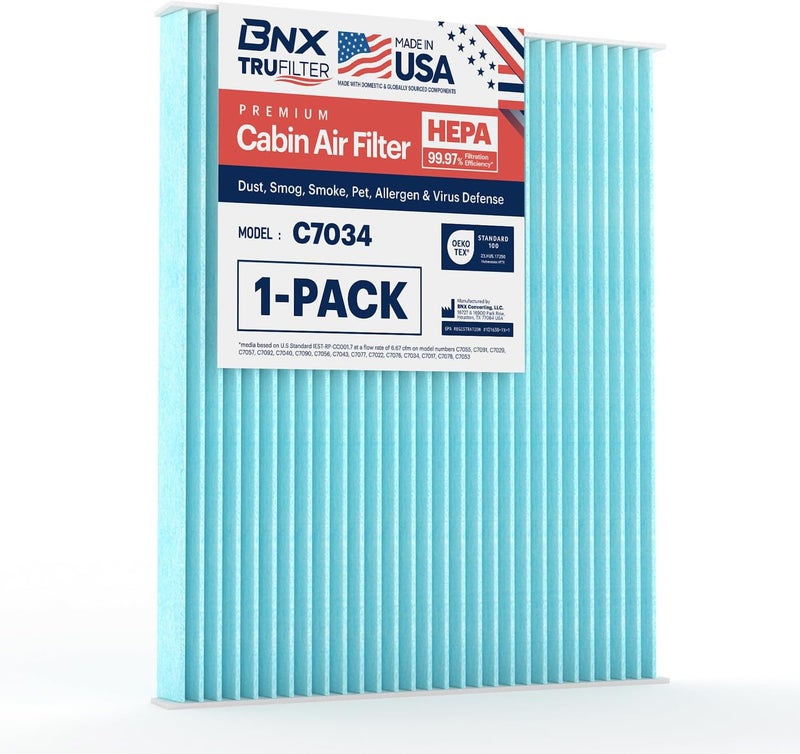 BNX TruFilter C7034 Cabin Air Filter, HEPA 99.97%, Compatible With Hyundai: Accent, Elantra, Elantra Coupe, Elantra GT, Tucson, Kia: Forte, Forte Koup, Forte5 - Image 1
